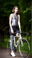 Placeholder: photography of a beautiful anorexic woman, grey satin triathlon top, brunette wavy bob haircut, flat chest, grey satin cycling leggins