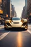 Placeholder: creates a concept supercar in '70s style with a retro-futuristic bodywork in gold and black on a street of New York, with a bright sky and fire