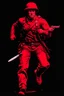 Placeholder: poster of a soldier running towards viewer, a knife i one hand, and a gun(barrel pointing at viewer) in the other. retro poster monochrome with white background