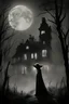 Placeholder: surrealist, black and white, obscured by dense forest fog, superbig full moon, moon is a center of image, tim burton character, exagerated, cartoon house, several floors, tim burton proportions, woman with cape and hood, woman stand up on spiral rock, background old house, high house more rooms, backlight, sad, high house several rooms, wood old house, a superfullmoon, house upper circle mountain, ambient fog, distorsion, fantasy, houise on hill, moon full scene on background