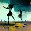 Placeholder: Dystopian future women with a twisted body dancing with retro monitor head and handing wires. In desolate landscape low horizonline at night. With a concrete decaying blocks. Abstract oil painting in style of Justin Mortimer and Phil Hale