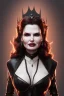 Placeholder: Geena Davis as evil queen in black leather, leather, busty, cleavage, angry, rage, stern look. character design by cory loftis, fenghua zhong, ryohei hase, ismail inceoglu and ruan jia. unreal engine 5, artistic lighting, highly detailed, photorealistic, fantasy