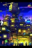 Placeholder: Create cartoon art featuring shinny glossy textures cityscape , highly detailed and chaotic sci-fi sophisticated and futuristic scenes. It features bright colors with shades of golden, black, soft purple, green and blue dominating. The design appears to be filled with organic and machine-like elements that blend with each other. The Buildings intertwined with drone, robot and tech around it giving it a dystopian and cybernetic feel.