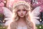 Placeholder: pretty snow fairy, sweet face, long blond hair, crown of white flowers and crystals, transparent wings, softness, kindness, fireflies and sparks of light, in the background of pink trees 4k, magical atmosphere, sweetness