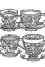 Placeholder: Outline art for coloring page, 3 TEACUPS GROOVY DESIGN, coloring page, white background, Sketch style, only use outline, clean line art, white background, no shadows, no shading, no color, clear
