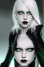 Placeholder: plauge doctor in balck leather clothes with silver hair, pale skin and bright green eyes smiling with sharp teeth, nice young face