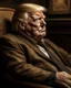 Placeholder: a chubby really old decomposing male mummy, looks similar to donald trump, eyes closed, leaned over in a brown chair