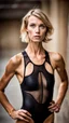 Placeholder: beautiful anorexic woman, total shot, short shiny black triathlon swimsuit, short blond wavy bob hair, blurred concrete background