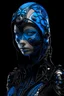 Placeholder: Beautiful faced vantablack young biomechanical girl wearing solden biomechanical black chhain steel ribbed of black obsidian ramalgamation biomechanical art nouveahalf face masque, ribbed with bioluminescense blue zafír black steel metallic headress, wearing biomechanical amalgamation style jacket dress ribbed with white ár nouveau floral metallic biomechanical green bioluminescense malachite mineral stone ribbed, organic bio spinal ribbed detail of biomechanical rbackround extremely detailed