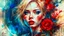 Placeholder: old canvas with worn torn folded edges and holes, cracks, heavily grained, broken lens effect, Iris wreath portrait Blonde woman, red lips, back tattoo, Alcohol ink, Hyperdetail, Anna Razumovskaya, Anna Dittmann, Luis Royo