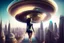 Placeholder: beautiful woman riding flying saucer over future alien city