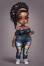 Placeholder: create a colorful abstract pop punk art image 8k of a chibi curvy black female wearing torn jeans pants and a black-tie dye off the shoulder blouse. Prominent make up with hazel eyes. Highly detailed long Senegalese twist in a hair wrap