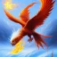 Placeholder: a phoenix with one watery wing and one fiery flaming wing, phoenix bird, realistic, intricately detailed