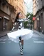 Placeholder: Photography beautiful woman as cyborg dancer wearing dress full mechanical,dancing on street