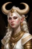 Placeholder: A young tiefling woman with a set of ram horns on her head encrusted with jewels, White-Blonde hair, black eyes, no pupils, dressed in white and gold with lots of jewelry