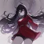 Placeholder: Clear focus, High resolution, rough line sketch art, long black hair, hair between eyes, fluffy hair, purple eyes, wearing a black and red kimono with a black short skirt, dark aura