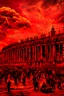 Placeholder: A lot of Prisoners line up in hell in front of a big wall , red clouds in the sky with huge amount of dead people laying on the ground