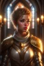 Placeholder: portrait of a beautiful female paladin, short messy ashen hair, pale eyes, white skin, dressed in a revealing ornamented light plate armor, standing in a temple, realistic, dim candle lighting, petite, highly detailed face, very high resolution, holy, looking at the camera, freckles, shy