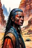 Placeholder: create an ink wash and watercolor portrait of a female nomadic tribal mercenary with highly detailed, delicate feminine facial features, inhabiting an ethereal tropical canyon land in the comic book style of Jean Giraud Moebius, David Hoskins, and Enki Bilal, precisely drawn, boldly inked, with vibrant colors