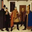 Placeholder: Cuatro señores analizando un cuadro, estilo Jan Van Eyck