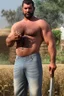 Placeholder: full body of a 50 years old muscular chubby arab farmer shirtless with a very big bulge and hairy under the sun near a tractor hyper-realistic