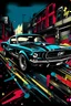 Placeholder: Black Mustang cruising through an ink-punk styled city, vintage stamp aesthetic, LLart illustration resembling a dynamic comic book panel, vibrant colors, sketched with tiny, intricate details, masterpiece aligning with ArtStation trends, sharp focus, bold high quality, vector style suitable for a t-shirt design, ultra-detailed, high resolution