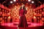 Placeholder: a pretty stage made of metallic color 3d recursive cubic and sphere base structures and a beautiful fashion model lady posing with joy and cute ,with dark red top and pretty pleated midi skirt ,makeup curvy long hair,dynamic camera zoom to full body and pan, dynamic lights.