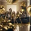 Placeholder: A picture of partying people in a living room with gold party decoration