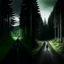 Placeholder: left side of the picture shows a dark metropole, right sight of the picture showsa beautiful forest, in the middle there's a road leading from the city to the forest, a lonely figure walking on it