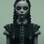 Placeholder: Wednesday Addams, Wednesday with braids standing with her arms crossed, dark, soft goth lip, hyper detail, octane render, unreal engine 5, photorealistic, 8k resulation