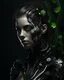 Placeholder: portrait d'une jeune femme cyborg. Elle regarde vers le bas. Elle semble très triste. Elle est recouverte de métal noir habillé de végétal luminescent. Son visage est très détaillé. Les mécanismes de son corps futuriste sont très détaillés. L'ambiance est sombre.