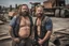 Placeholder: close up photography of two ugly burly beefy hairy polish workers, embraced, 42 years old, shirtless , tattoo ,curly hair, shaved beard , bulge, short broken pants, working on a construction site in the middle of a road under the sun, look at the camera, hyper-realistic, photographic, 8K, frontal view from the ground