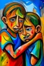 Placeholder: a girl hug her brother and both crying sadly, expressionism, Pixar style, in abstract art Basquiat, Picasso, Miro, Kandinsky, Klee, Birell, Fairey, Ardon, Buffet and Picasso style, HD --s 750 --v 5.1 --style raw, water color
