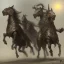 Placeholder: Nomad cavalry inline attacking. Horses. Damascus steel. Black. Sharp details. Roar.