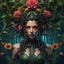 Placeholder: Expressively detailed and intricate 3d rendering of a hyperrealistic: woman, cyberpunk plants and flowers, neon, vines, flying insect, front view, dripping colorful paint, tribalism, gothic, shamanism, cosmic fractals, dystopian, dendritic, artstation: award-winning: professional portrait: atmospheric: commanding: fantastical: clarity: 16k: ultra quality: striking: brilliance: stunning colors: amazing depth