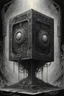 Placeholder: A cube on and with computer chips and a smoke in the background dark a thin line draw ، front view camera, decayed and proportions and imagery. surreal chorror, biomechanical design, by hr giger and beksinski , fine lines draw