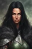 Placeholder: portrait of a athletic woman warrior, long black hair, green eyes, tan skin, fantasy armor, black fur cloak, realistic art style