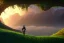 Placeholder: small dark elf man, big black wild cat panther standing near the drow watching sunset, fantasy, forest, sunset, mystic, fog render unreal, cave exit, mountain, 2 scimitars, big landscape, green hood,