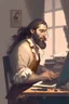 Placeholder: A man with long dark brown hair, a short beard and a ponytail, wearing a shirt, working as a programmer, with his laptop, inside his office; in the style of Fragonard.