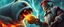 Placeholder: epic movie poster, fire drop polar bear vampire eating thunder swirling melon with thumbs up grabbed by throat vs gnome goblin rock priest zombie war lord, fish eye lense
