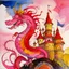 Placeholder: A pink magical dragon on top pf a castle painted by Wassily Kandinsky