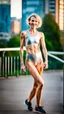 Placeholder: beautiful anorexic ukrainian woman, total shot, shiny silver triathlon swimsuit, short blond wavy bob hair, blurred city background, smiling