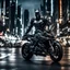 Placeholder: full image street photography art full body batman Dark Knight mechanical robo warrior character, anthropomorphic figure, wearing futuristic mecha warrior armor and weapons, on night city street driving futuristic ducati motorsports