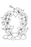Placeholder: outline art for visually rich appealing heart shape orchids plumeria rounded stones candles, ikebana style, coloring page for kids, white background, fit to page, only use outline, clean line art, no shadows, clear and well outlined