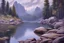 Placeholder: Cloudy day, lake, rocks, 2000's sci-fi movies influence, friedrich eckenfelder, and pieter franciscus dierckx impressionism paintings