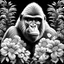 Placeholder: colorless gorilla between seeds and big flowers black background .black and white colors. for a coloring. with grayscale