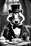 Placeholder: Anthropomorphic European badger wearing a monocle and tophat having a tea party with his animal buddies. Photograph.
