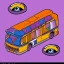 Placeholder: isometric rigid smiling bus with eyes by jim woodring in cartoon style