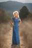 Placeholder: Powerful classical portrait of a modern blonde queen in her late 50s wearing a blue dress standing in a powerful position a little zoomed out