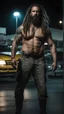 Placeholder: strong burly slim gipsy mechanic 44 years old, dreadlocks, wet, long black beard, manly chest, hairy, shirtless in bulging dirty white boxer, big shoulders, tattoo, big calves, barefeet, angry, photorealistic, side light, inside a dark parking lot at night, side neon light, photoRealistic, view from the ground